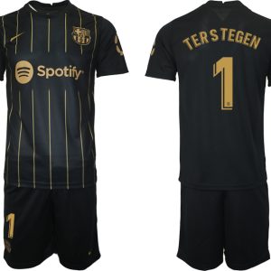 Herren FC Barcelona Trikots der Saison 2022/23 Schwarz Gold Trikotsatz Kurzarm + Kurze Hosen TERSTEGEN 1