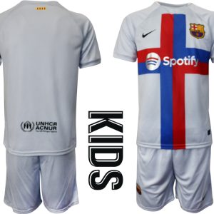 Kinder FC Barcelona 2022-2023 drittes Fußballtrikot weiß Kurzarm + Kurze Hosen