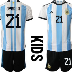 Kinder Fußball Argentinien Heimtrikot WM 2022 weiss blau Trikotsatz DYBALA 21