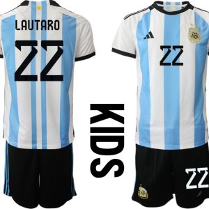 Kinder Fußball Argentinien Heimtrikot WM 2022 weiss blau Trikotsatz LAUTARO 22