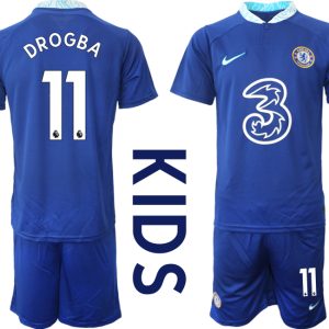 Kinder FußballTrikot Chelsea FC 2022/23 Heimtrikot Blau Kurzarm + Kurze Hosen mit Aufdruck DROGBA 11