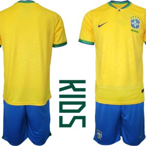 Kinder Heimtrikot Brasilien 2022 WM Gelb Trikotsatz Kurzarm + Kurze Hosen