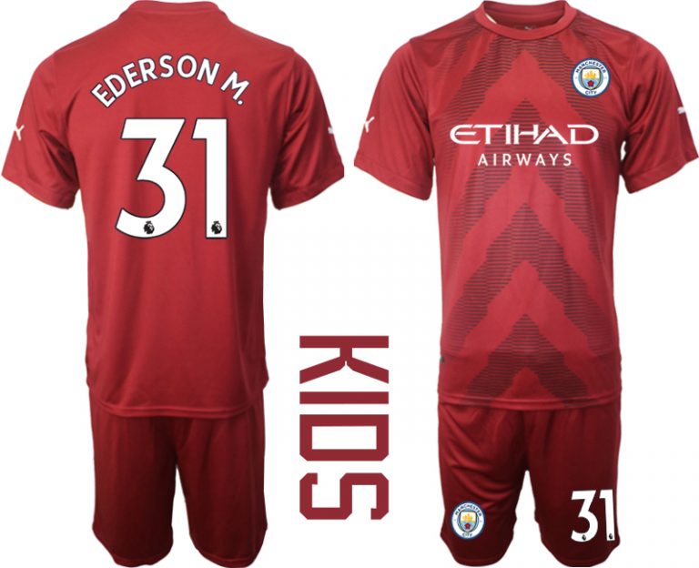 Kinder Manchester City Torwarttrikot 2022-23 rot Trikotsatz Fussballtrikots EDERSON M.31