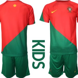 Kinder Portugal Heimtrikot WM 2022 Home Trikot rot grün Kurzarm + Kurze Hosen