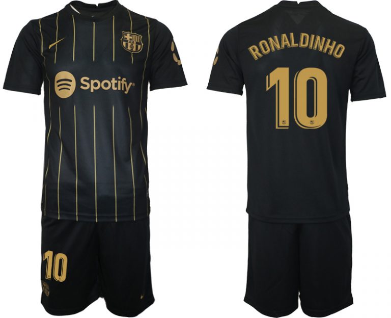 Neuen FC Barcelona Trikots 2022/23 Schwarz Gold Trikotsatz mit Aufdruck RONALDINHO 10