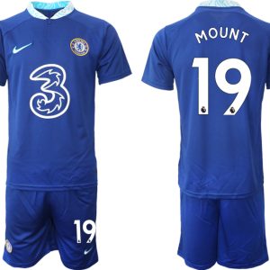 Neues Herren Chelsea FC 22-23 Heimtrikot blau Kurzarm + Kurze Hosen MOUNT 19