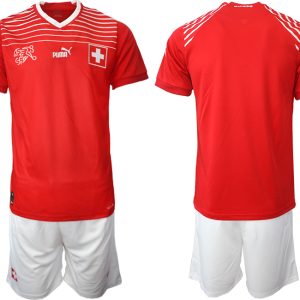 Neues Schweiz EM 2022 Heimtrikot Rot Kurzarm + weiß Kurze Hosen Bestellen