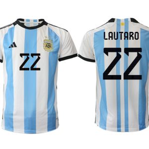 Argentinien Heimtrikot WM 2022 Weiss Blau Kurzarm Online Kaufen mit Aufdruck LAUTARO 22