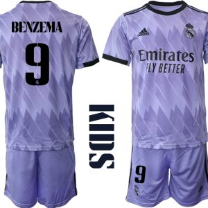 BENZEMA 9 Real Madrid Auswärtstrikot 2022/23 Trikot Away Lila für Kinder