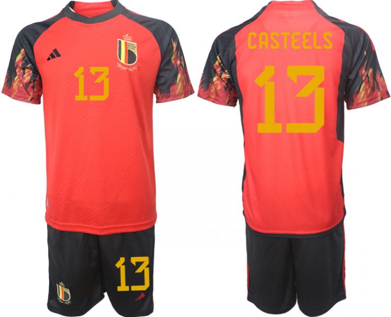 Fußballtrikot für Herren Belgien WM 2022 Heimtrikot rot schwarz Trikotsatz CASTEELS 13
