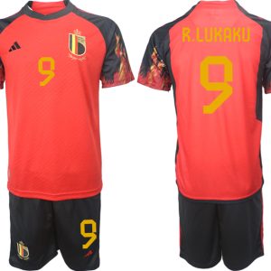 Fußballtrikot für Herren Belgien WM 2022 Heimtrikot rot schwarz Trikotsatz R.LUKAKU 9