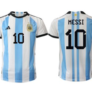 Fussballtrikots Günstig Argentinien Heimtrikot WM 2022 Weiss Blau Kurzarm MESSI 10