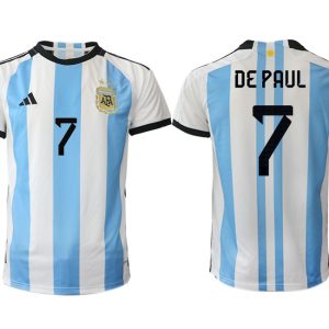 Herren Argentinien Heimtrikot WM 2022 Weiss Blau Kurzarm Fussballtrikots DE PAUL 7