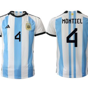 Herren Argentinien Heimtrikot WM 2022 Weiss Blau Kurzarm Fussballtrikots MONTIEL 4