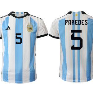 Herren Argentinien Heimtrikot WM 2022 Weiss Blau Kurzarm Fussballtrikots PAREDES 5