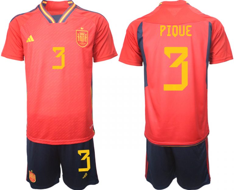 Herren Spanien WM 2022 Heimtrikot Teampower Rot Kurzarm + Kurze Hosen PIQUE 3