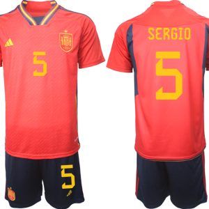 Herren Spanien WM 2022 Heimtrikot Teampower Rot Kurzarm + Kurze Hosen SERGIO 5