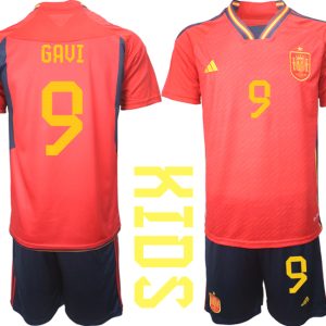 Kaufe Kinder Spanien WM 2022 Heimtrikot Teampower Rot Fußballtrikots Set GAVI 9