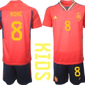 Kaufe Kinder Spanien WM 2022 Heimtrikot Teampower Rot Fußballtrikots Set KOKE 8