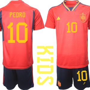 Kaufe Kinder Spanien WM 2022 Heimtrikot Teampower Rot Fußballtrikots Set PEDRO 10