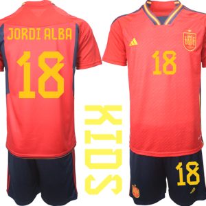 Kaufe Kinder Spanien WM 2022 Heimtrikot Teampower Rot Trikotsatz JORDI ALBA 18