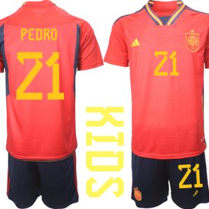 Kaufe Kinder Spanien WM 2022 Heimtrikot Teampower Rot Trikotsatz PEDRO 21