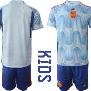 Kinder Fußball Trikot Spanien WM 2022 Auswärtstrikot Hellblaue Kurzarm + Kurze Hosen