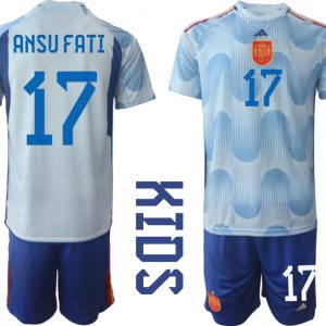 Kinder Fußball Trikot Spanien WM 2022 Auswärtstrikot Hellblaue Trikotsatz ANSU FATI 17