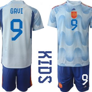 Kinder Fußball Trikot Spanien WM 2022 Auswärtstrikot Hellblaue Trikotsatz GAVI 9