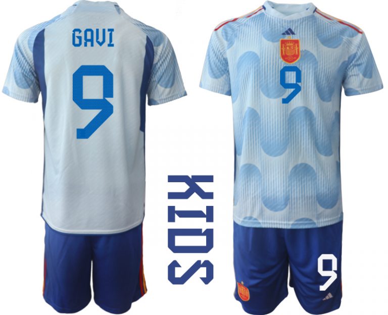 Kinder Fußball Trikot Spanien WM 2022 Auswärtstrikot Hellblaue Trikotsatz GAVI 9