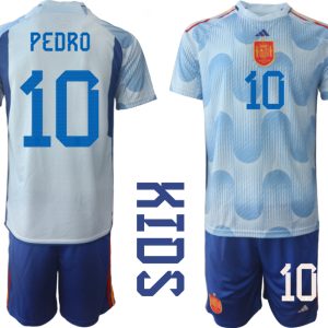 Kinder Fußball Trikot Spanien WM 2022 Auswärtstrikot Hellblaue Trikotsatz PEDRO 10