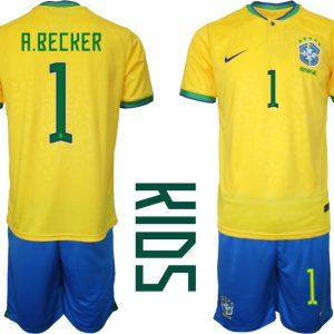 Kinder Heimtrikot Brasilien Fußball 2022 WM Gelb Trikotsatz Kurzarm + Kurze Hosen A.BECKER 1