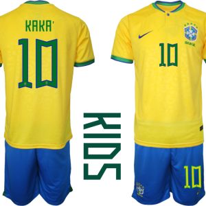 Kinder Heimtrikot Brasilien Fußball 2022 WM Gelb Trikotsatz Kurzarm + Kurze Hosen KAKA'10