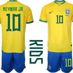 Kinder Heimtrikot Brasilien Fußball 2022 WM Gelb Trikotsatz Kurzarm + Kurze Hosen NEYMAR JR.10