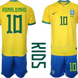 Kinder Heimtrikot Brasilien Fußball 2022 WM Gelb Trikotsatz Kurzarm + Kurze Hosen RONALDINHO 10