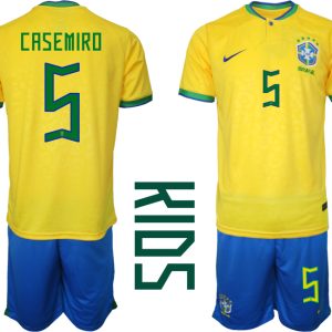 Kinder Heimtrikot Brasilien Fußball 2022 WM Gelb Trikotsatz mit Aufdruck CASEMIRO 5