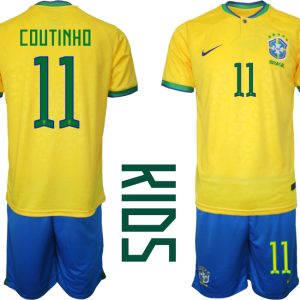 Kinder Heimtrikot Brasilien Fußball 2022 WM Gelb Trikotsatz mit Aufdruck COUTINHO 11