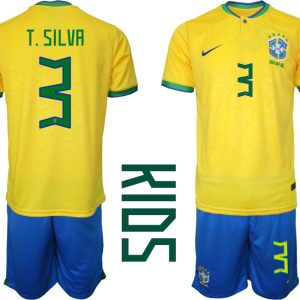 Kinder Heimtrikot Brasilien Fußball 2022 WM Gelb Trikotsatz mit Aufdruck T.SILVA 3