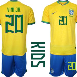 Kinder Heimtrikot Brasilien Fußball 2022 WM Gelb Trikotsatz mit Aufdruck VINI JR.20