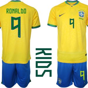 Kinder Heimtrikot Brasilien Fußball 2022 WM Gelb Trikotsatz Online Bestellen RONALDO 9