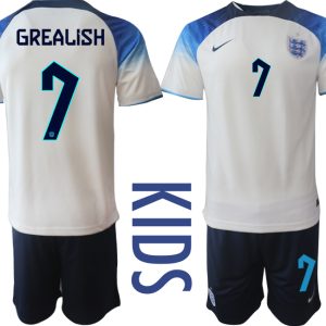 Kinder Heimtrikot England 2022 World Cup weiß blau Kurzarm + Kurze Hosen GREALISH 7