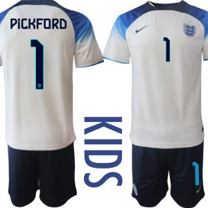 Kinder Heimtrikot England 2022 World Cup weiß blau Kurzarm + Kurze Hosen PICKFORD 1