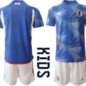 Kinder Japan Heim Trikot WM 2022 blau Kurzarm + weiß Kurze Hosen