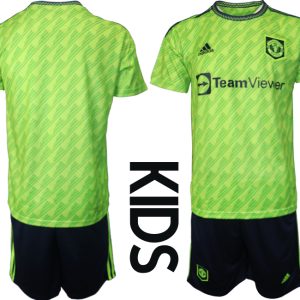 Kinder Manchester United 22-23 Ausweichtrikot Grün Kurzarm + schwarz Kurze Hosen