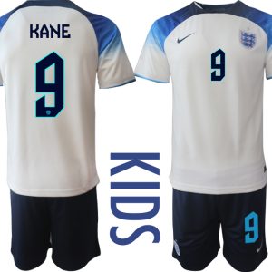 Kinderheim Trikot England 2022 World Cup weiß blau Fußballtrikot Kaufen KANE 9