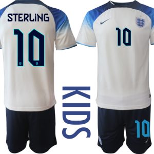 Kinderheim Trikot England 2022 World Cup weiß blau Fußballtrikot Kaufen STERLING 10