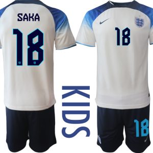 Kinderheim Trikot England 2022 World Cup weiß blau Günstig Fußballtrikots SAKA 18