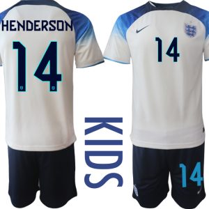 Kinderheim Trikot England 2022 World Cup weiß blau Neuen Fußballtrikots Set HENDERSON 14