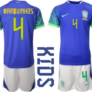 Kindertrikot Brasilien WM 2022 Auswärtstrikot blaue weiß fußballtrikots kaufen MARQUINHOS 4