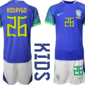 Kindertrikot Brasilien WM 2022 Auswärtstrikot blaue weiß fußballtrikots kaufen RODRYGO 26